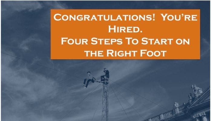 VETS2INDUSTRY | Man balancing on a wire with an overlay of text - congratulations, you're hired. Four steps to start on the right foot.