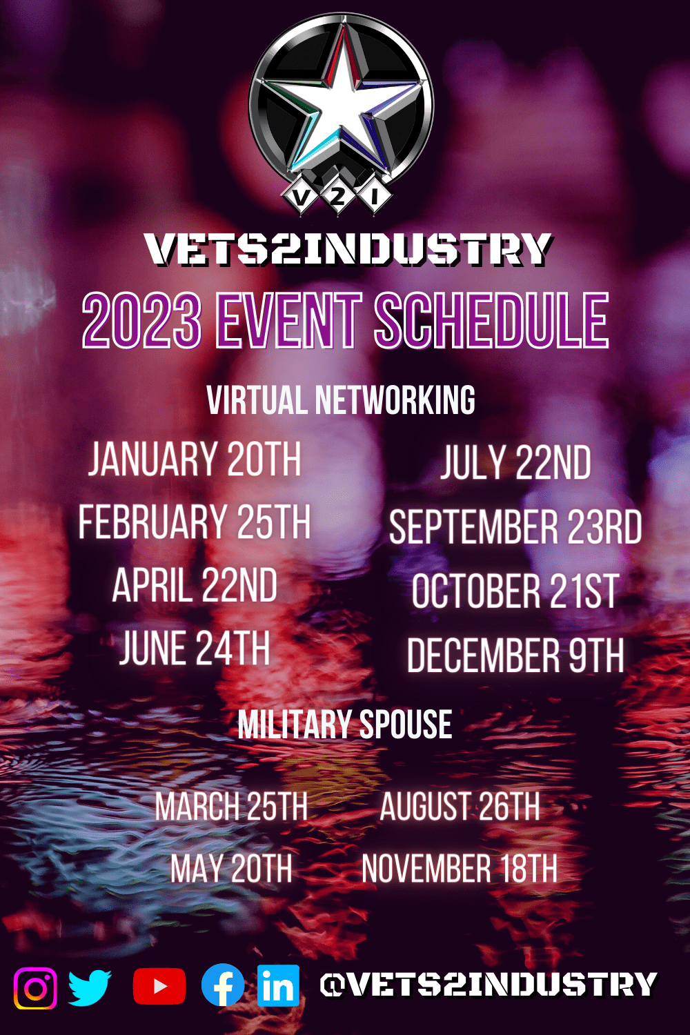 2023 Vets2Industry Event Calendar Graphic